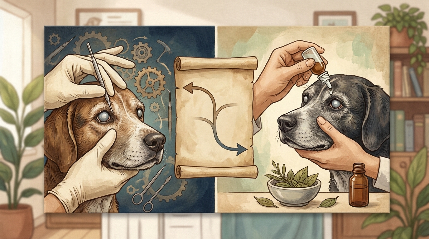 犬の白内障において加齢への治療方針は「外科的手術」か「内科的保存療法」に大別されます